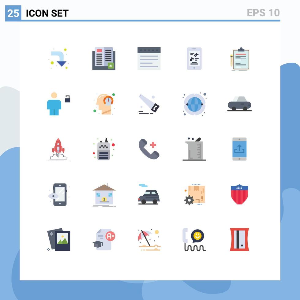 pacote de cores planas de 25 símbolos universais de guias de contrato de negócios telefone multimídia elementos de design de vetores editáveis