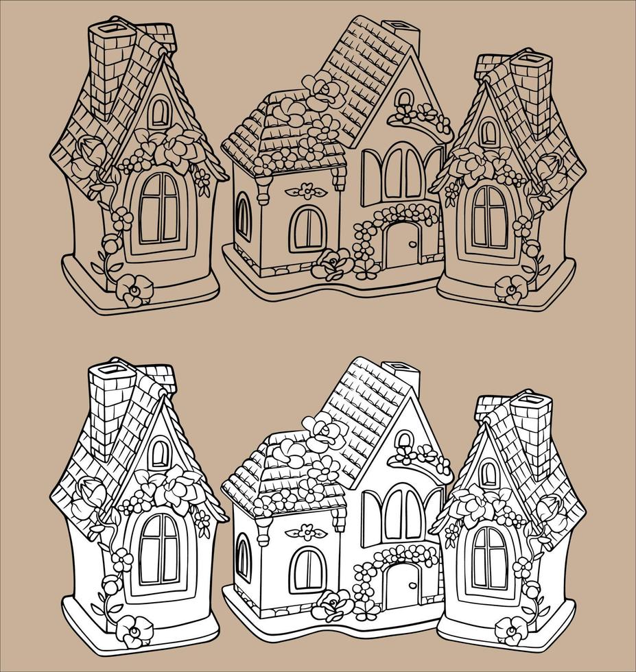 vetor de casa de gengibre. ilustração em vetor preto e branco. para colorir e livros de design. ilustração fofa. casa de brinquedo.