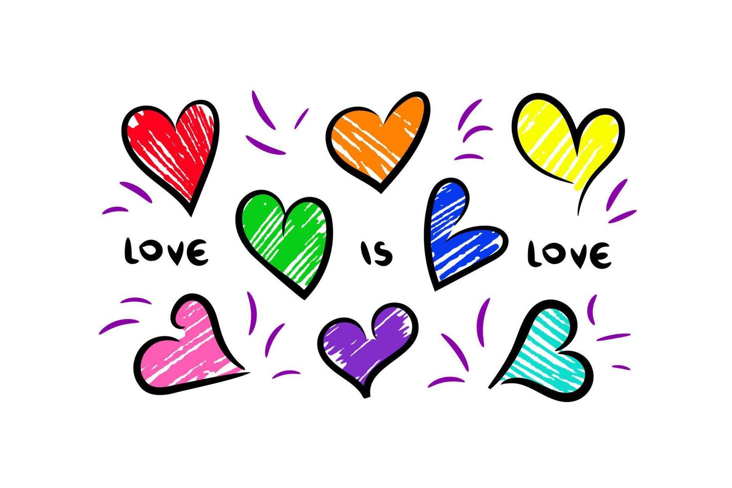 oito corações esboçados coloridos por marcador ou caneta hidrográfica em várias cores do arco-íris, além de rosa e azul claro, slogan amor é amor. cores de orgulho da comunidade lgbtqa, cartão de dia dos namorados, cartaz, adesivo etc. vetor