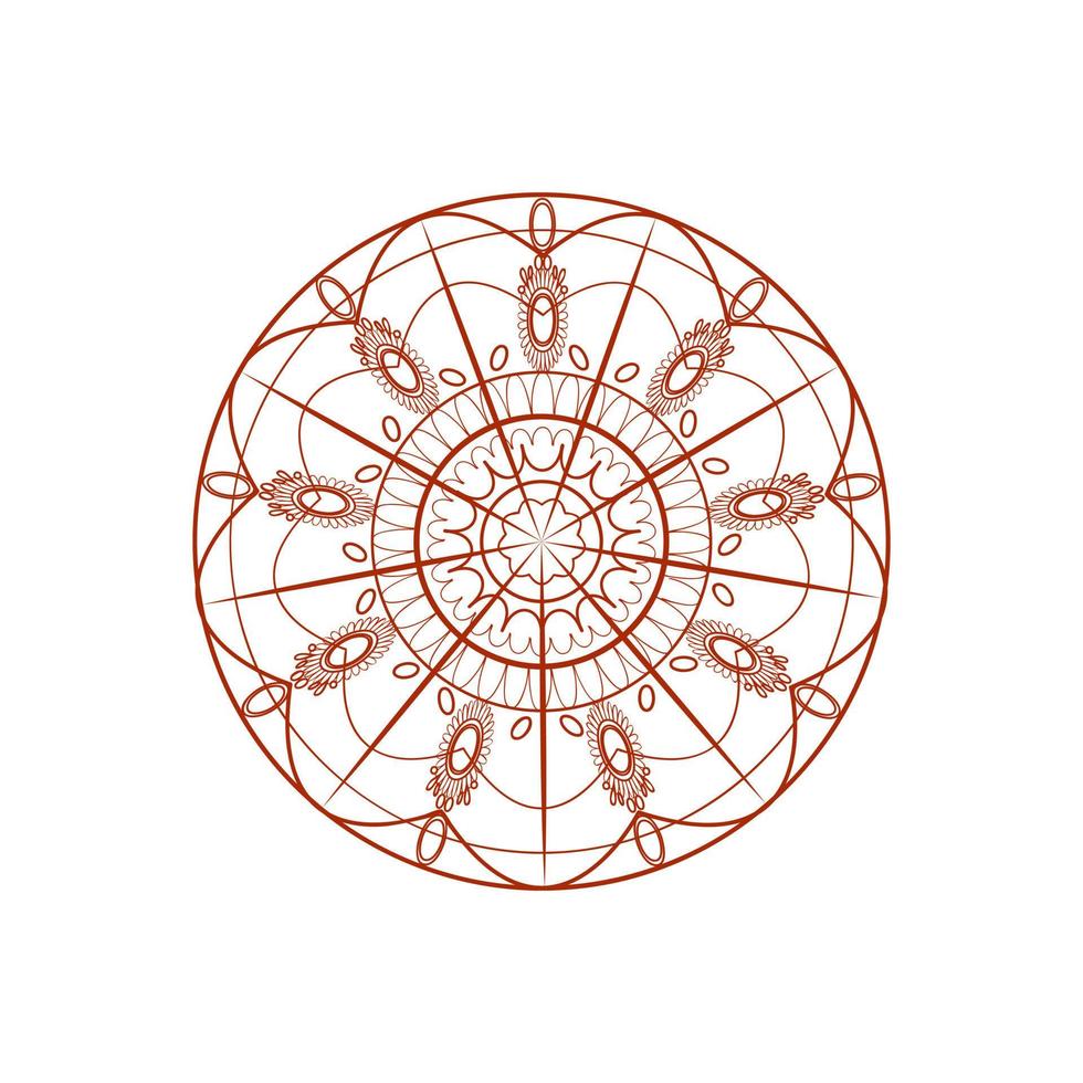 círculo vermelho-escuro mandala de estilo asiático de 9 setores. elegante ornamento floral concêntrico em mehendi étnico, estilo henna indiano. design de cor de terracota desenhado à mão em fundo branco para impressões, decoração vetor