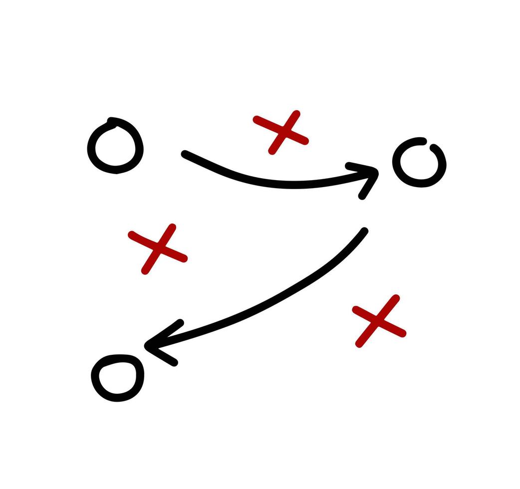 tática e estratégia esportiva. esquema de movimento do jogador da equipe. combinação de cruzes e círculos com setas de caminho. instruções de arremesso de bola. vetor