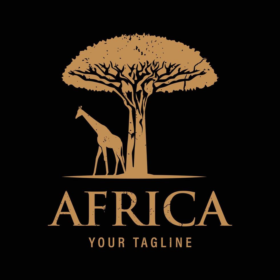 safari vida selvagem logotipo design inspiração vintage silhueta girafa africana e árvore. design simples do vetor do deserto africano no escuro mais tarde