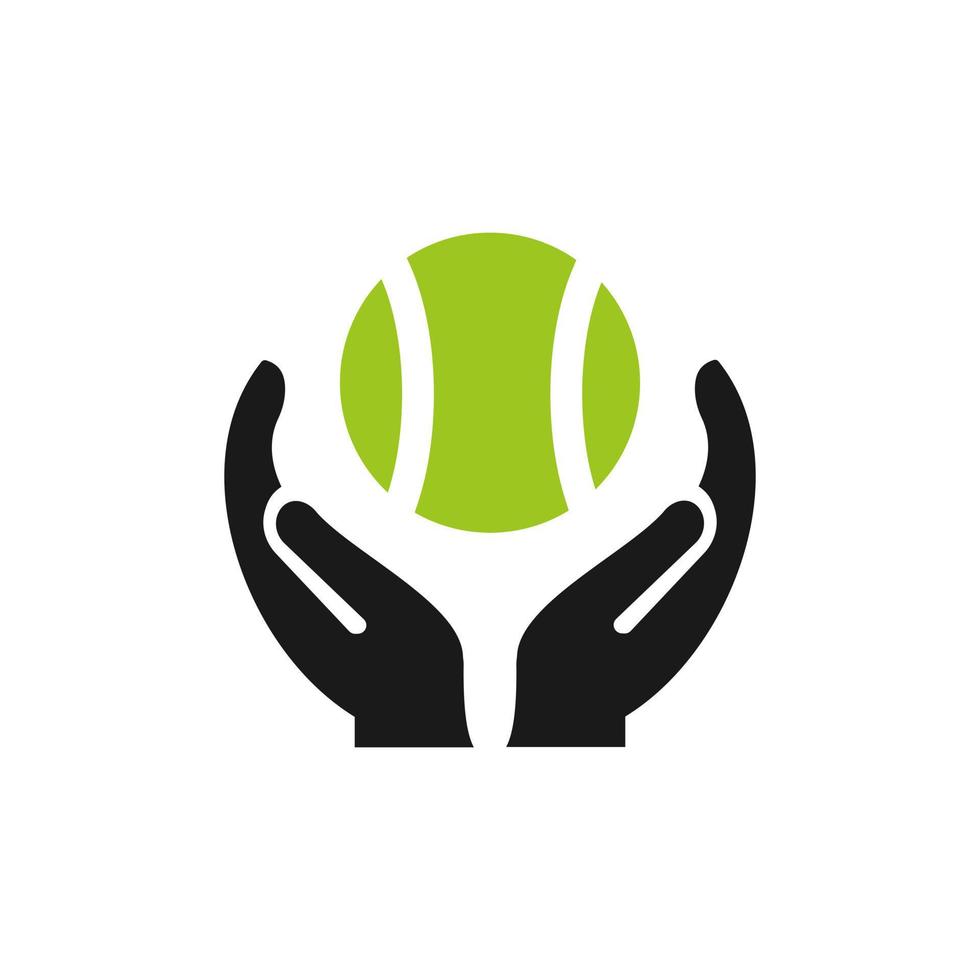 design de logotipo de mão de tênis. logotipo da bola de tênis com vetor de conceito de mão. design de logotipo de mão e bola de tênis