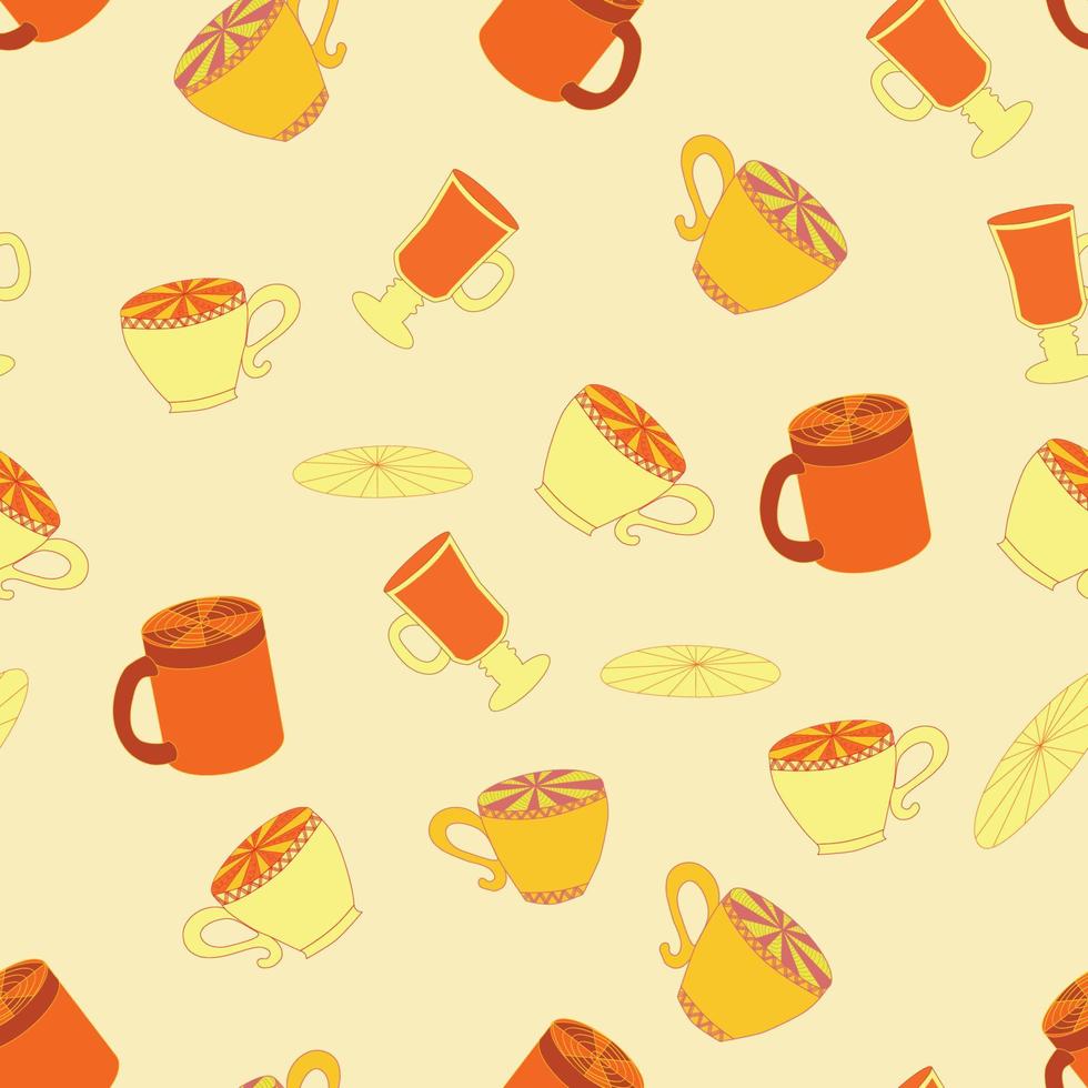 xícaras e pires brilhante sem costura padrão. chá, casa de chá, café. papel de parede, papel de embrulho vetor