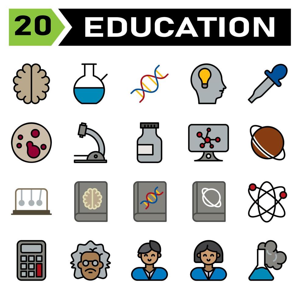 o conjunto de ícones de educação inclui cérebro, mente, neurônio, inteligência, ciência, vidraria, copo, laboratório, educação, genético, gene, cabeça, android, robô, ideia, conta-gotas, pipeta ciência, bactérias vetor