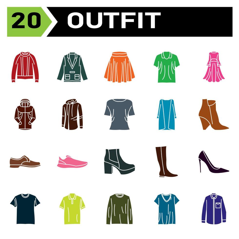 conjunto de ícones de roupa inclui moda, roupas, vestuário, camisa, vestem, sapatos, homem, calçados, masculino, sapato, sutiã esportivo, sutiã, equipamento, fêmea, verão, estilo, acessório, desenhar, Bolsa, desenho animado vetor