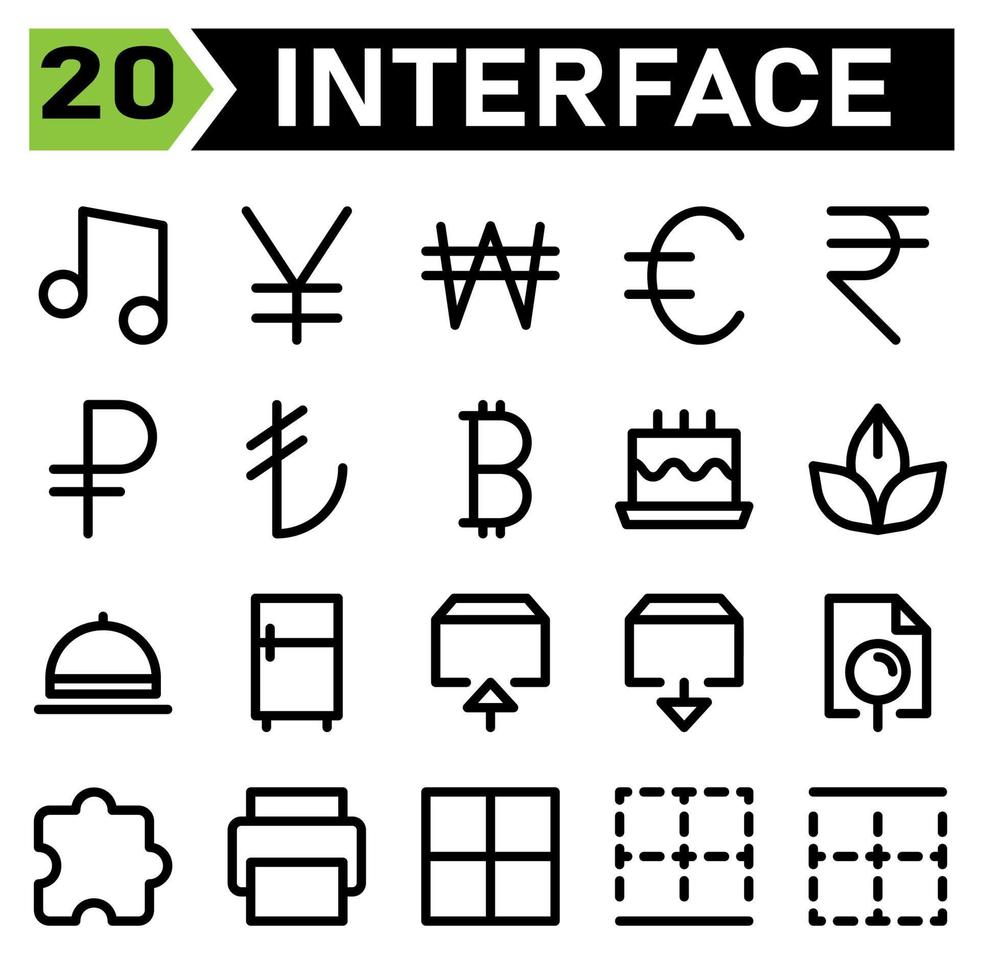 conjunto de ícones da interface do usuário inclui música, tom, som, mídia, interface do usuário, dinheiro, iene, finanças, moeda, won, euro, rupia, rublo, lira, moeda de bit, bolo, festa, aniversário, sobremesa, spa, lótus, flor vetor