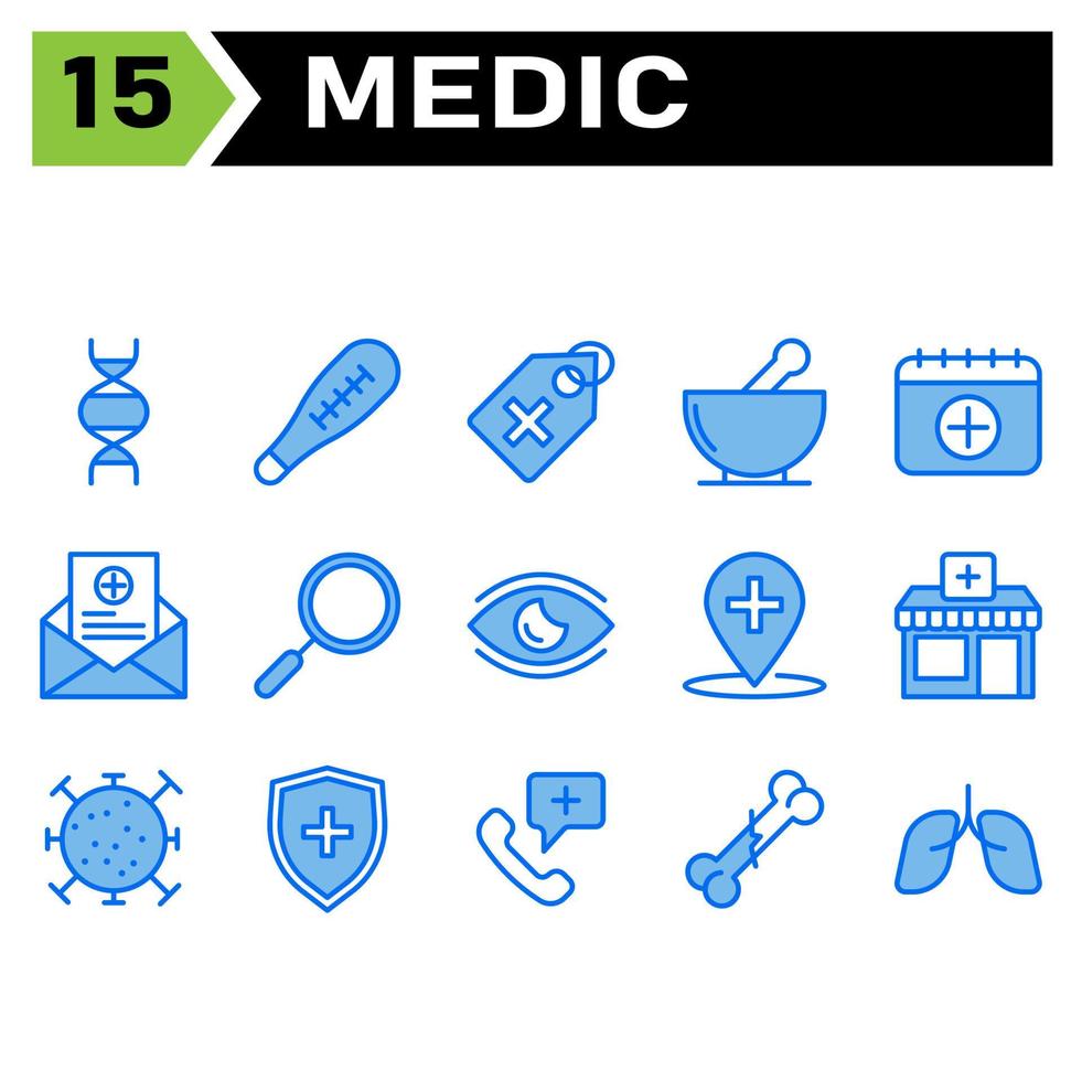 conjunto de ícones médicos incluem biologia, hereditariedade, genética, biotecnologia, moléculas, faixa de gravidez, dispositivo médico, exame médico, saúde, médico, Etiqueta, hospital, farmácia, remédio, poção, droga vetor