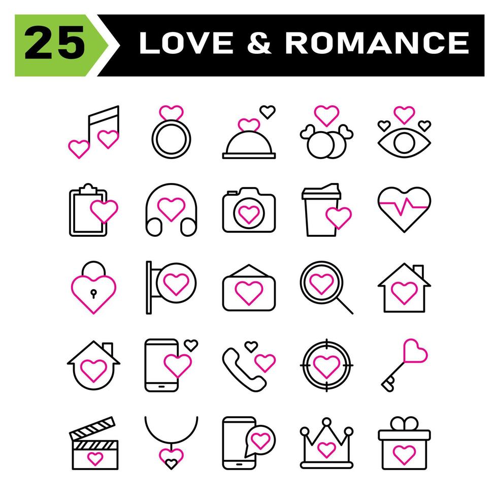 conjunto de ícones de amor e romance inclui música, música, casamento, coração, amor, joalheria, anel, casamento, cozinhando, restaurante, jantar, aniversário, casal, romance, olho, lista, fone de ouvido, câmera, documentação vetor