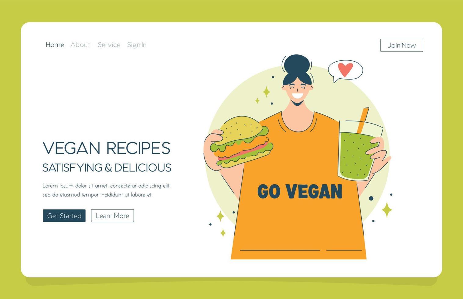web app landing mulher feliz escolhe veganismo e vegetais. garota de conceito de comida deliciosa vegetariana comendo hambúrguer vegano gostoso e smoothie vetor