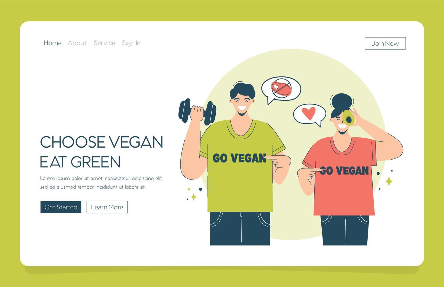 casal feliz de pouso de aplicativo da web escolhe veganismo e vegetais. conceito de dieta vegetariana casal feliz em camisetas torna-se vegano incentiva outras pessoas a escolherem o vegetarianismo vetor