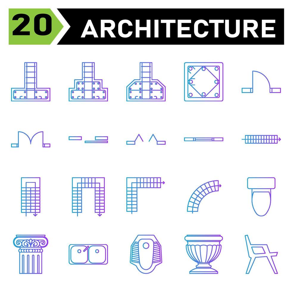 conjunto de ícones de símbolos de arquitetura inclui almofada, pé, estrutura, escalonado, inclinado, coluna, concreto, único, porta, duplo, deslizante, janela, ventilação, escada, andar, degrau, escada u, escada l, curvado, banheiro vetor