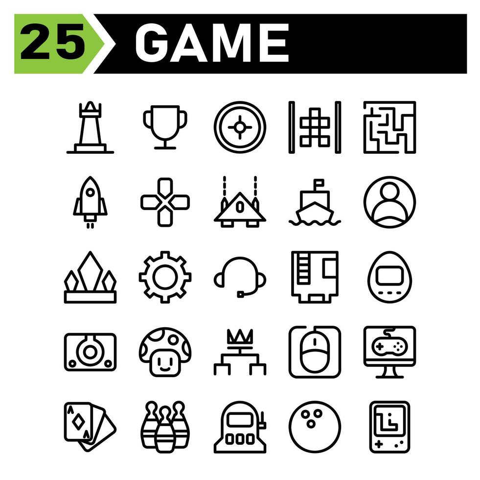 conjunto de ícones do jogo inclui xadrez, jogo, estratégia, peça, jogador, troféu, campeão, prêmio, copa, alvo, atirador de elite, pontaria, atirar, carro, clássico, fliperama, telefone, labirinto, Toque, cérebro, foguete, nave espacial, interruptor vetor