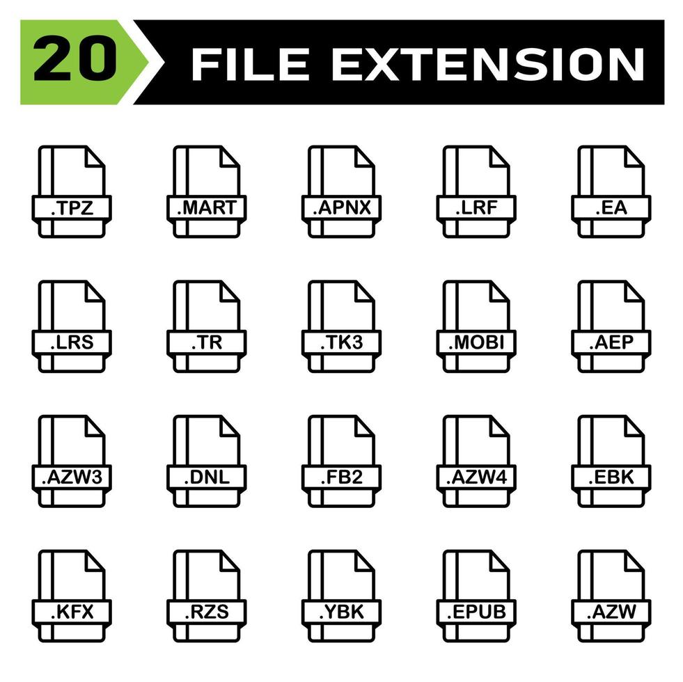 conjunto de ícones de extensão de arquivo inclui tpz, mart, apnx, lrf, ea, lrs, tr, tk3, mobi, aep, azw3, dnl, fb2, azw4, ebk, kfx, rzs, ybk, epub, azw vetor