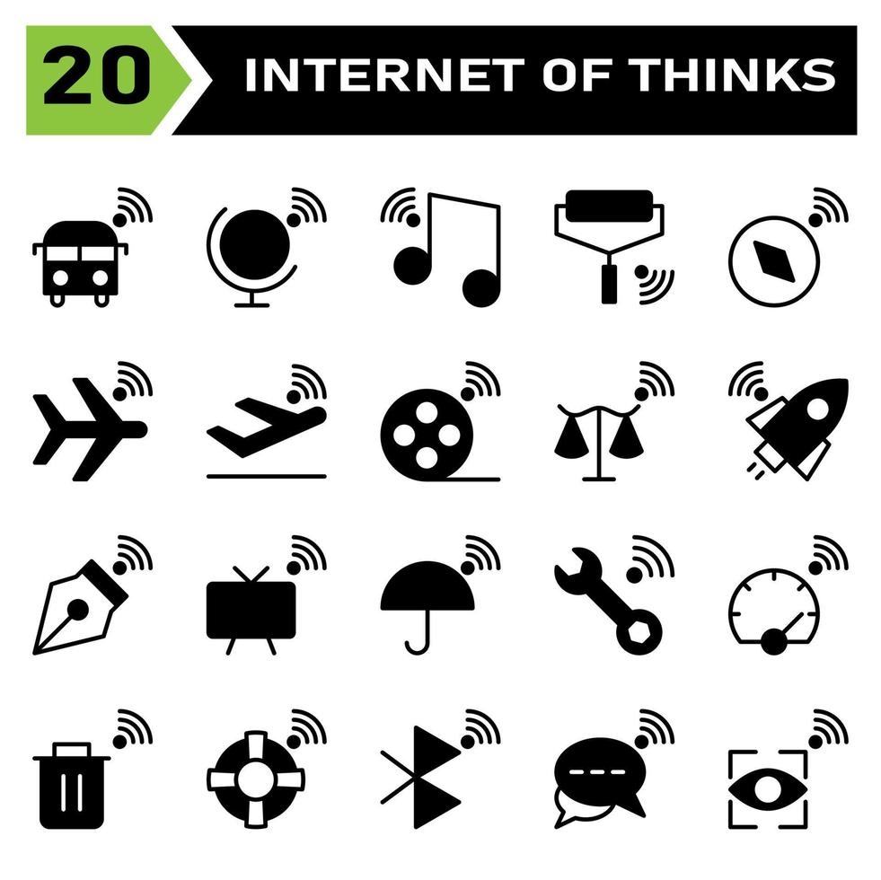 conjunto de ícones da internet das coisas inclui ônibus, internet das coisas, globo, mundo, música, tom, rolo, pintura, bússola, navegação, avião, avião, decolagem, rolo de filme, filme, escalas, equilíbrio, foguete vetor