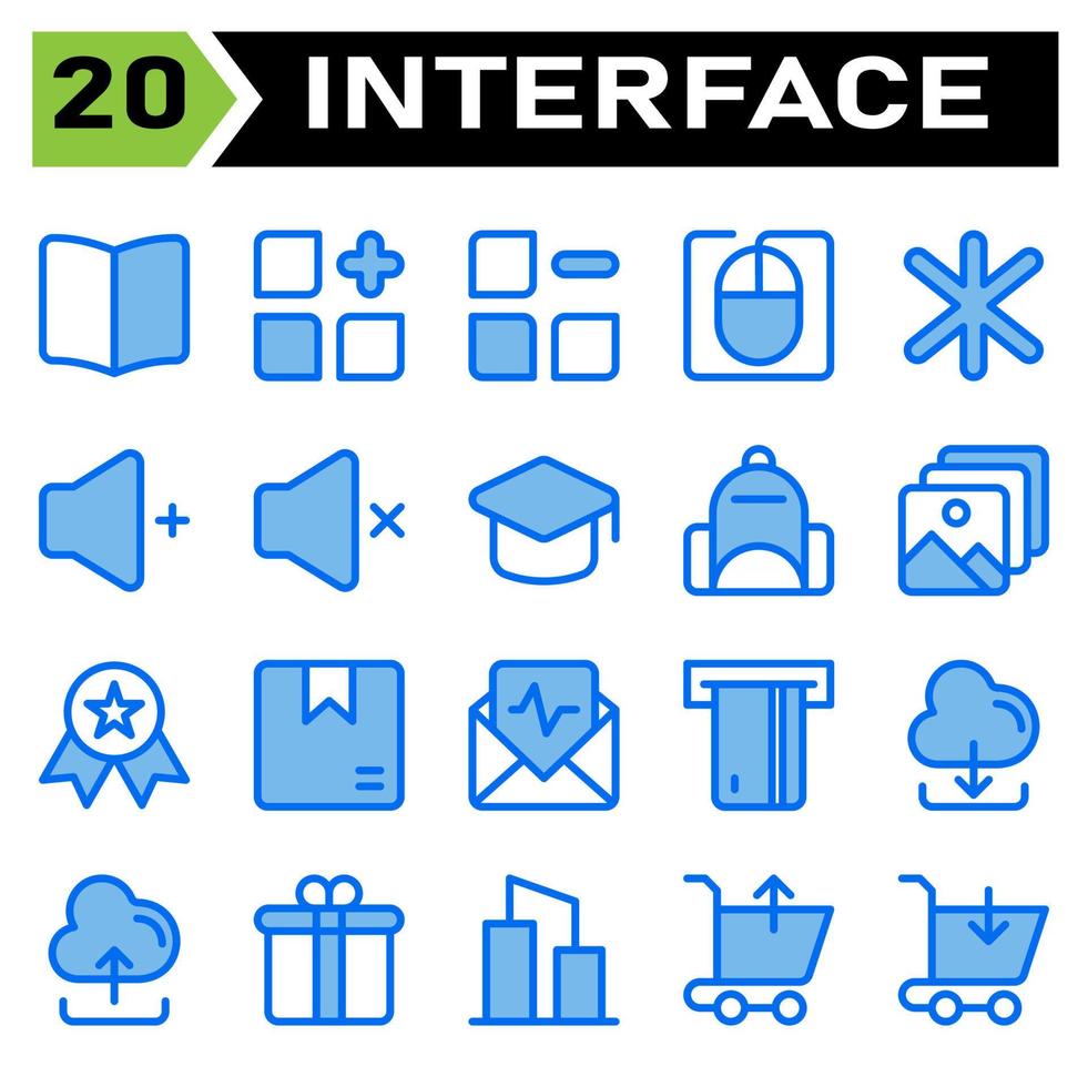 o conjunto de ícones da interface do usuário inclui livro, guia, manual, leitura, instrução, menu, adicionar, novo, aplicativos, categoria, remover, excluir, mouse, computador, cursor, interface do usuário, asterisco, múltiplo, estrela, favorito vetor