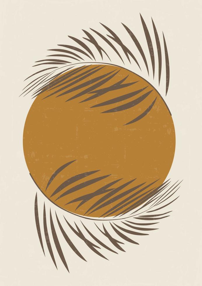 cartaz de ilustração minimalista com folha de palmeira e sol. decoração de parede de estilo moderno. coleção de arte contemporânea vetor
