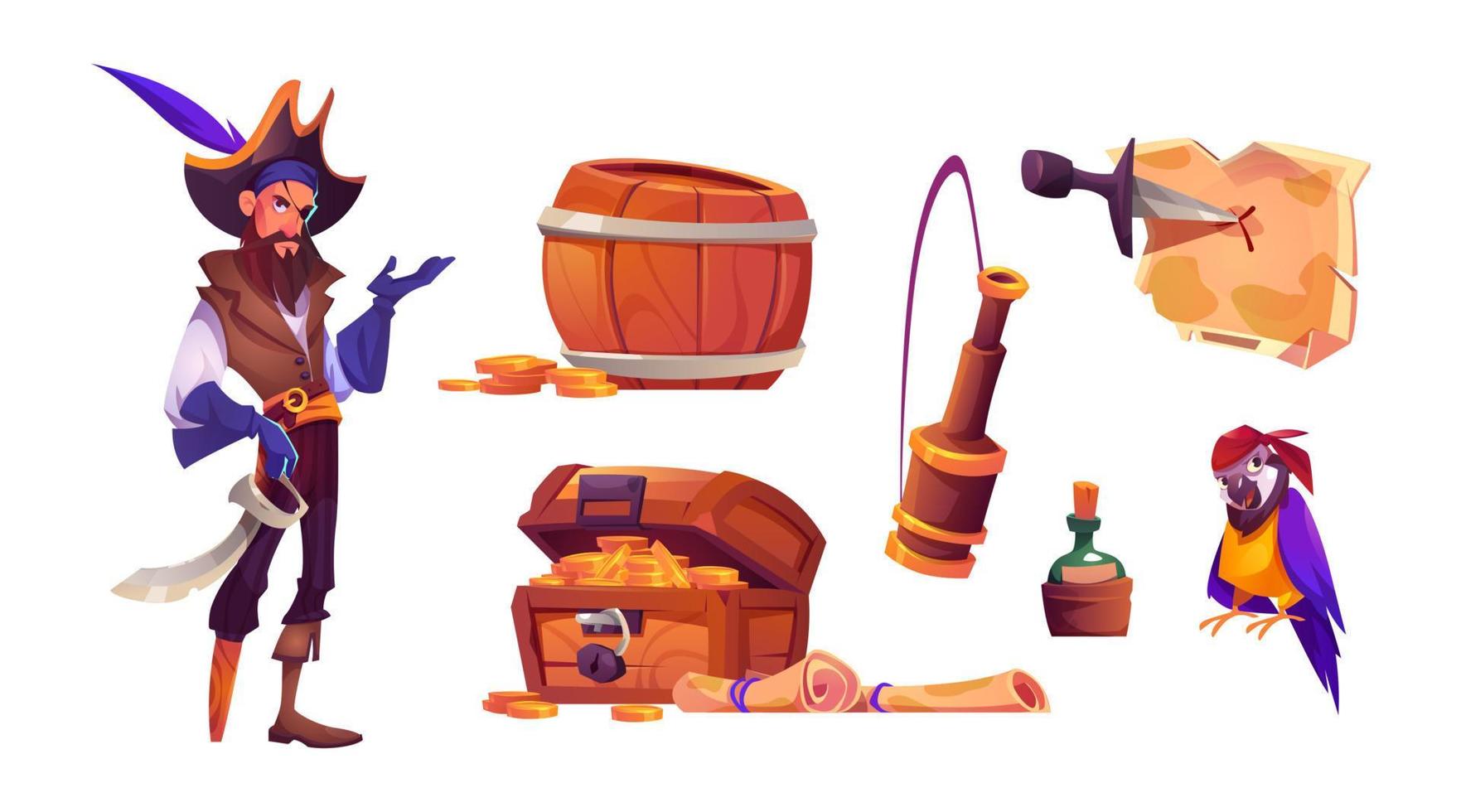 pirata de chapéu, caixa de tesouro, garrafa de rum, papagaio vetor
