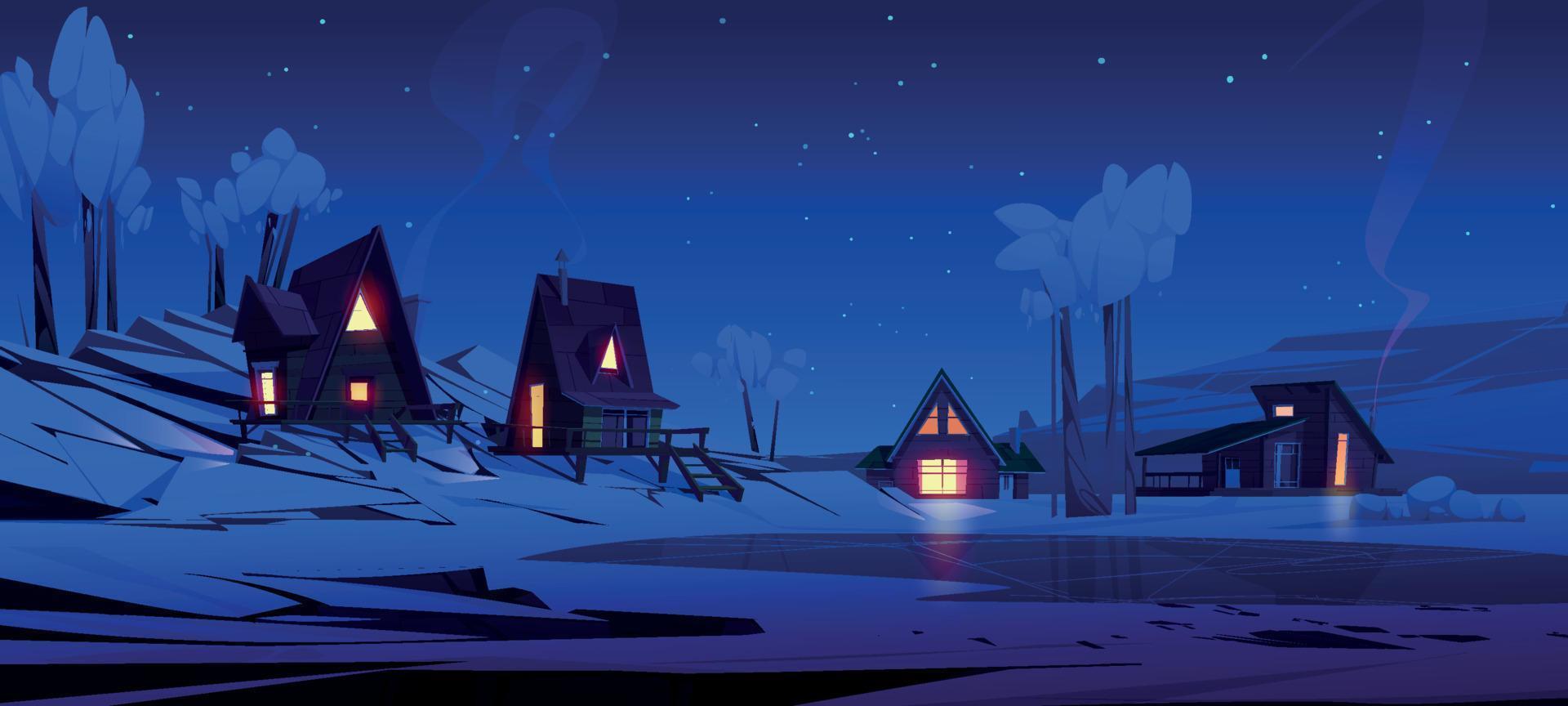 paisagem noturna de montanha de inverno com casas de chalé vetor