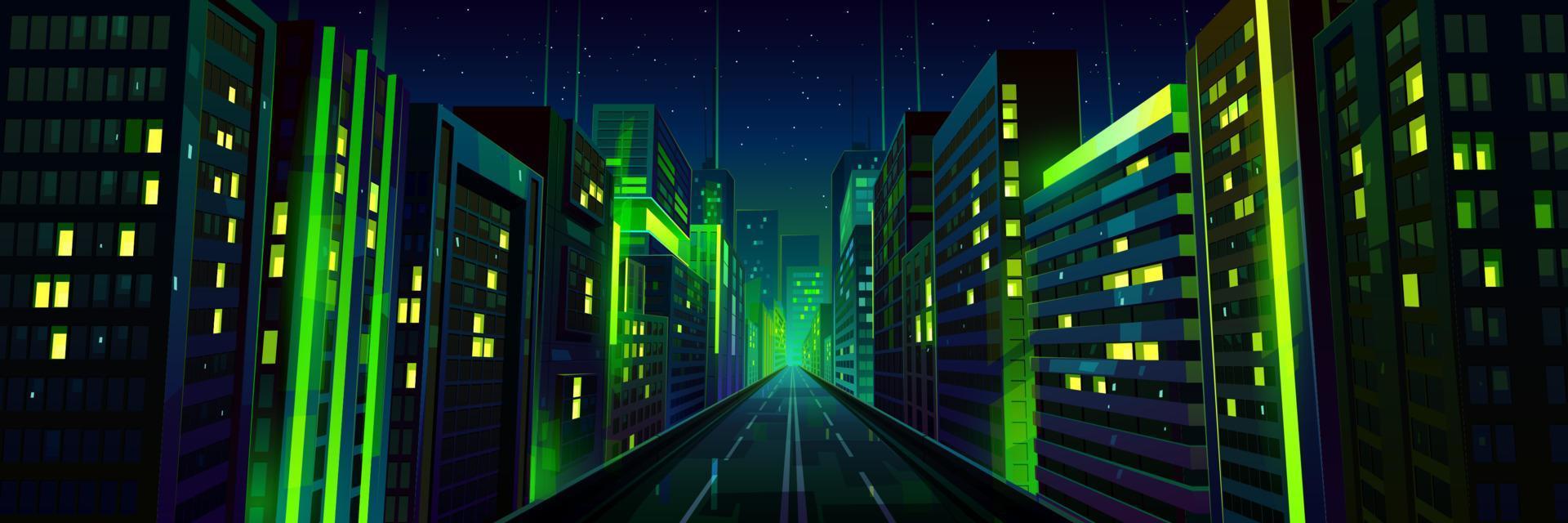 rua da cidade à noite com estrada e brilho de néon verde vetor