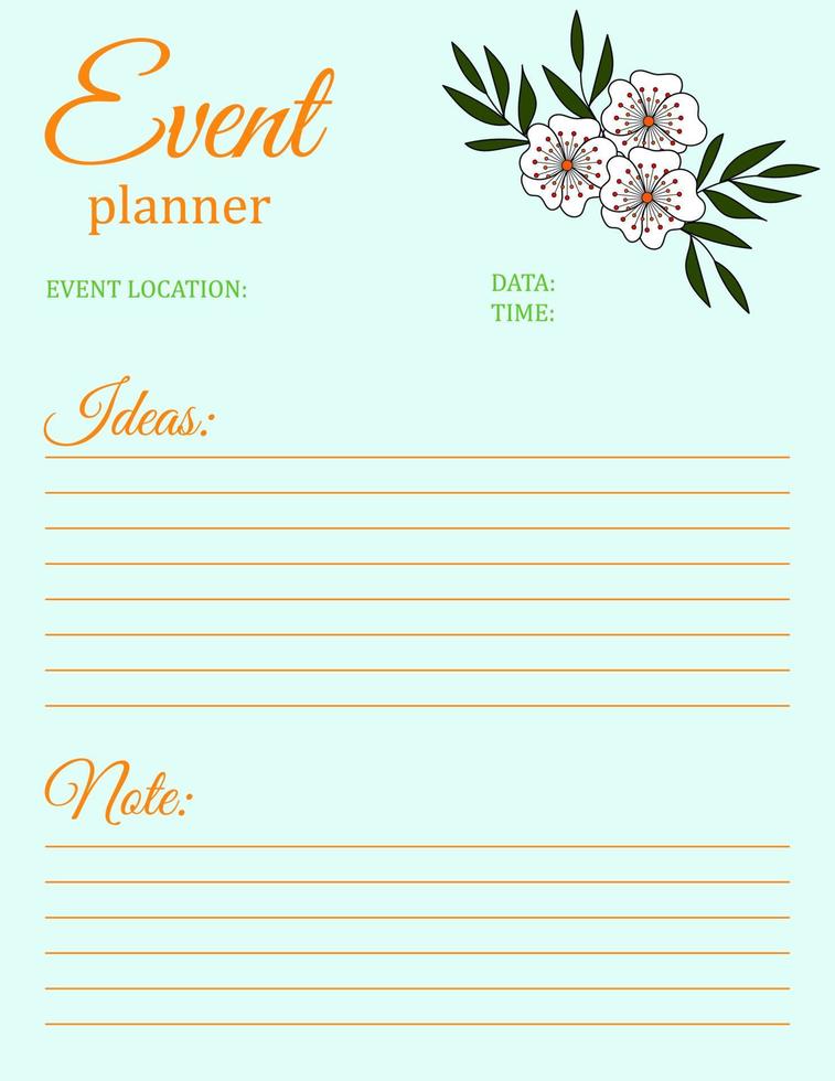 modelo de planejador de eventos. design de página de bloco de notas com motivo floral. ilustração vetorial vetor