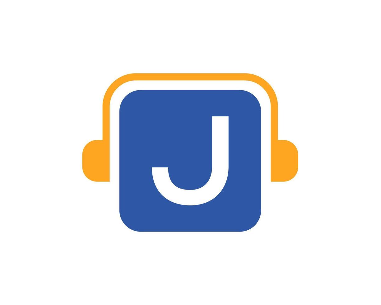 design de logotipo de música letra j. música dj e design de logotipo de podcast conceito de fone de ouvido vetor