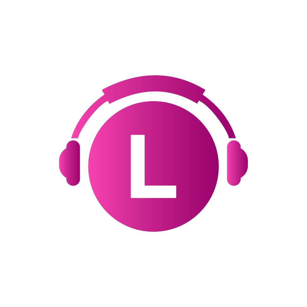 design de logotipo de música letra l. música dj e design de logotipo de podcast conceito de fone de ouvido vetor