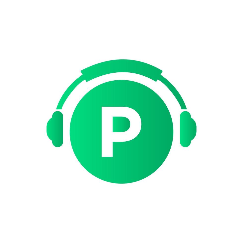 design de logotipo de música letra p. música dj e design de logotipo de podcast conceito de fone de ouvido vetor