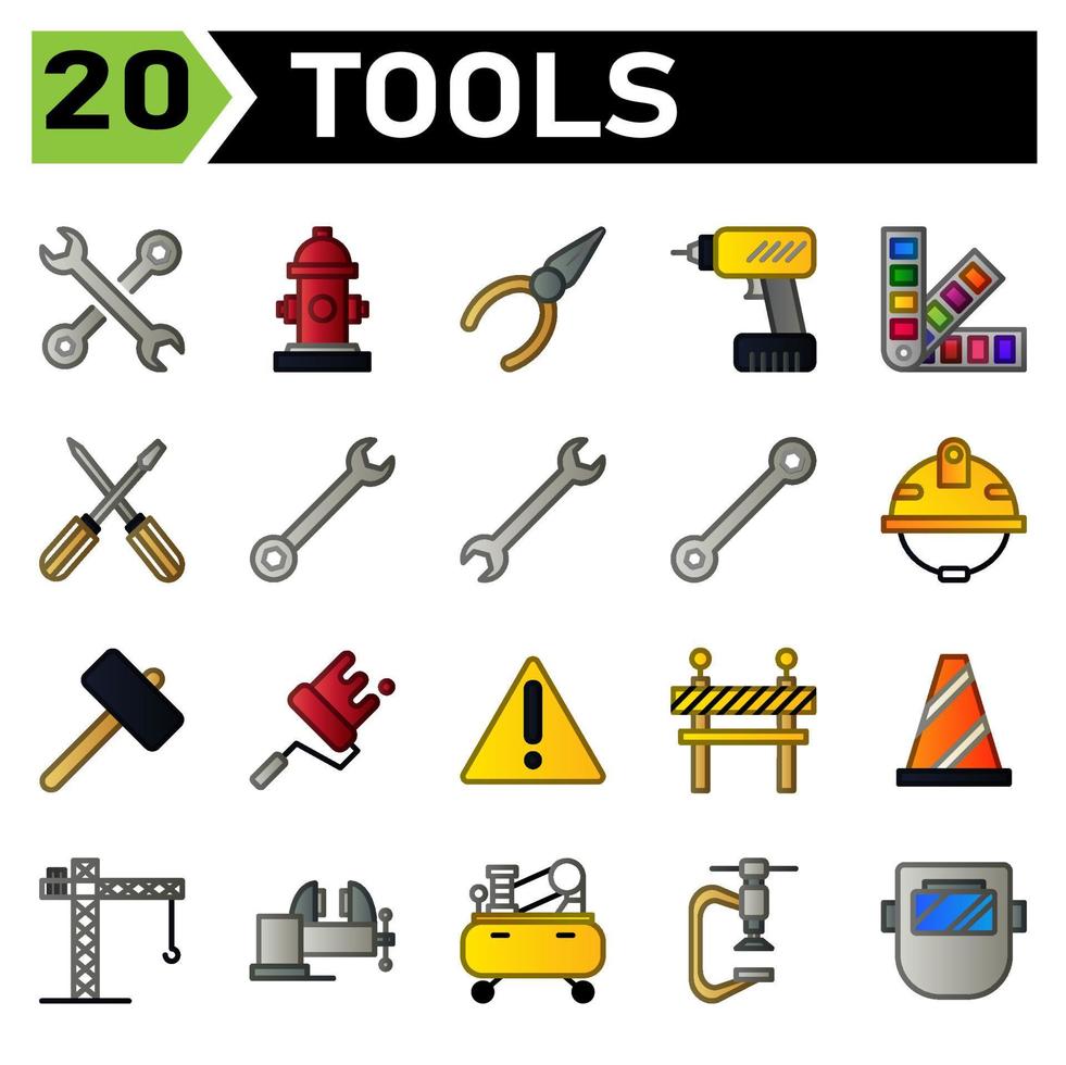 conjunto de ícones de construção de ferramentas inclui chave inglesa, ferramentas, chave inglesa, contração, equipamento, hidrante, água, hidrante, fogo, alicate, carpinteiro, faz-tudo, técnico, broca, ferramenta, pan tone, cor, tinta vetor