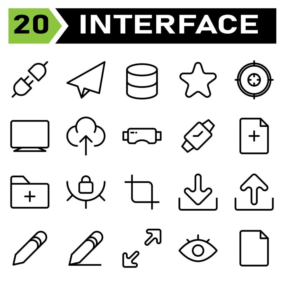 o conjunto de ícones da interface do usuário inclui plugue, cabo, conector, elétrico, poder, correio, enviar e-mail, enviar, carta, comunicação, servidor, armazenamento de dados, banco de dados, armazenamento, dados, estrela, favorito, feedback, marcador vetor