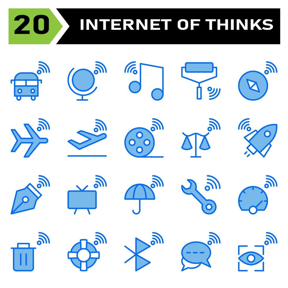 conjunto de ícones da internet das coisas inclui ônibus, internet das coisas, globo, mundo, música, tom, rolo, pintura, bússola, navegação, avião, avião, decolagem, rolo de filme, filme, escalas, equilíbrio, foguete vetor