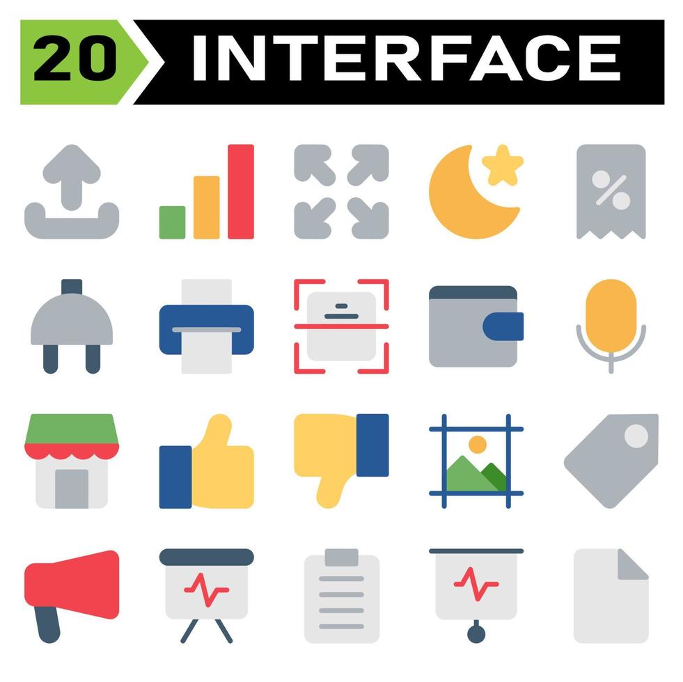 o conjunto de ícones da interface do usuário inclui upload, sinal, elemento, interface do usuário, aplicativo, sinal, barra, tela cheia, interação do usuário, setas, noite, modo, lua, estrela, aplicativo, desconto, voucher, comércio eletrônico vetor