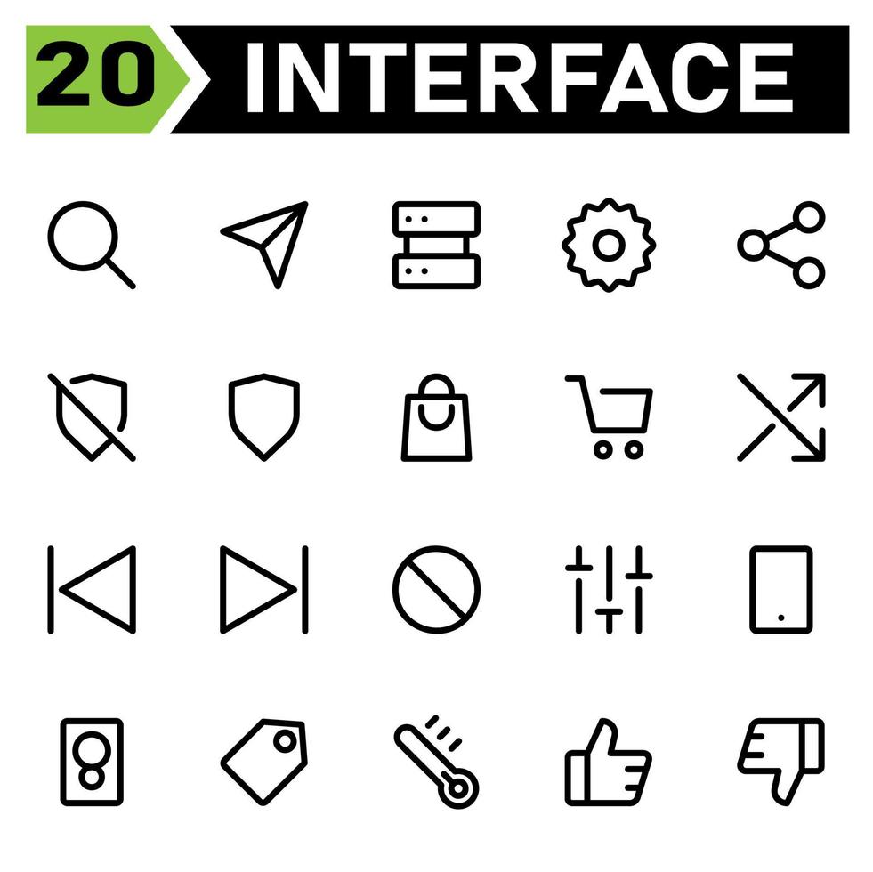 o conjunto de ícones da interface do usuário inclui pesquisa, ampliação, zoom, localizar, interface do usuário, enviar, e-mail, mensagem, avião, servidor, banco de dados, hospedagem, configuração, engrenagem, preferência, compartilhar, rede, social, compartilhamento vetor