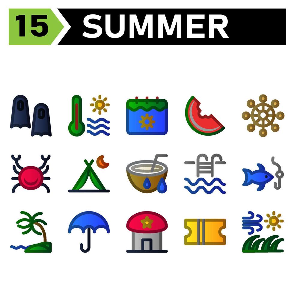 conjunto de ícones de verão incluem nadadeiras, nadar peixe, verão, férias, mergulho, temperatura, quente, sol, clima, calendário, data, feriado, melancia, fruta, viagem, comida, vela, navegação, roda, direção, caranguejo vetor