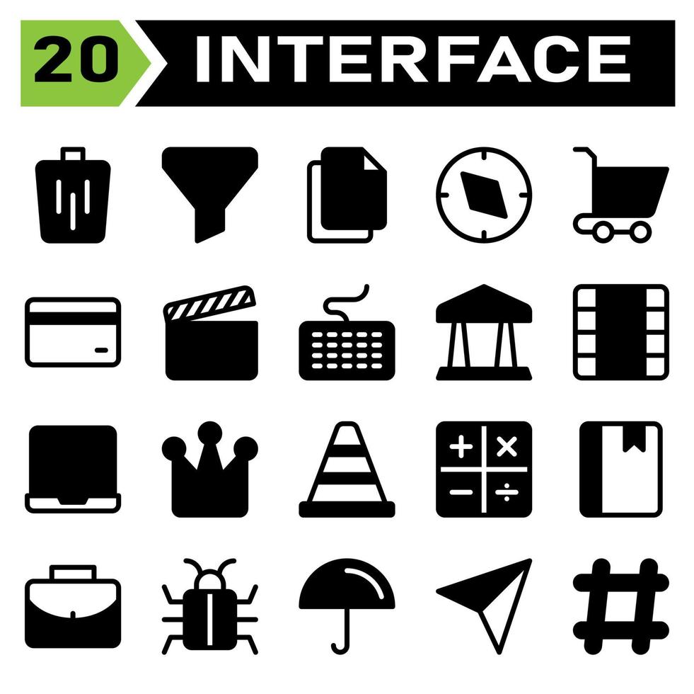o conjunto de ícones da interface do usuário inclui lixeira, lixeira, cesta, excluir, remover, funil, classificar, filtrar, interface do usuário, arquivo, duplicar, colar, papel, copiar, bússola, direção, navegar, navegação, carrinho, comprar vetor