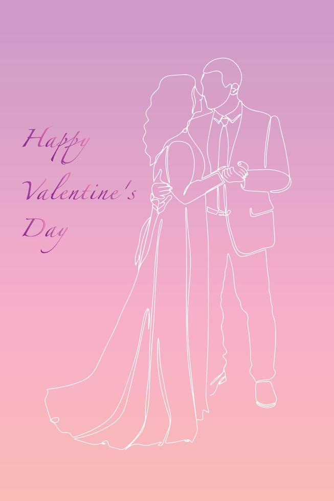 cartão postal feliz dia dos namorados. desenho de linha contínua de casais que se amam de mãos dadas. ilustração vetorial. vetor