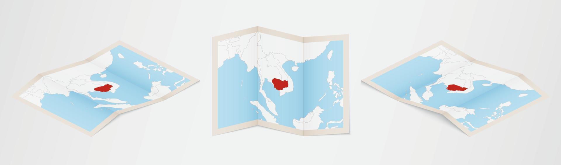 mapa dobrado do camboja em três versões diferentes. vetor