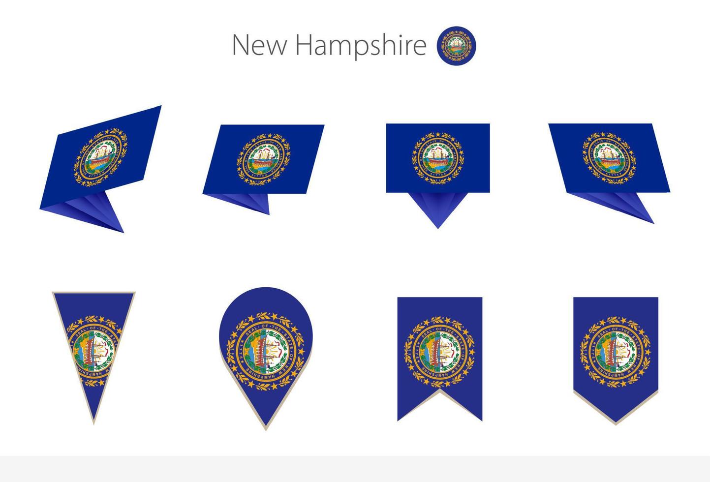 coleção de bandeiras do estado de new hampshire, oito versões de bandeiras vetoriais de new hampshire. vetor