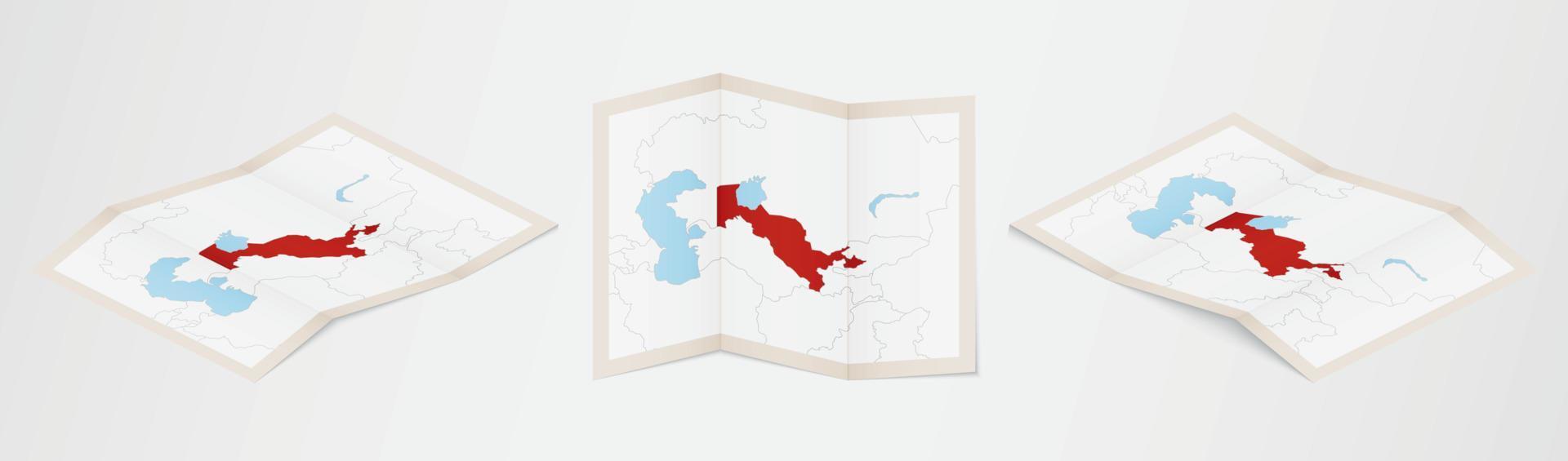 mapa dobrado do uzbequistão em três versões diferentes. vetor