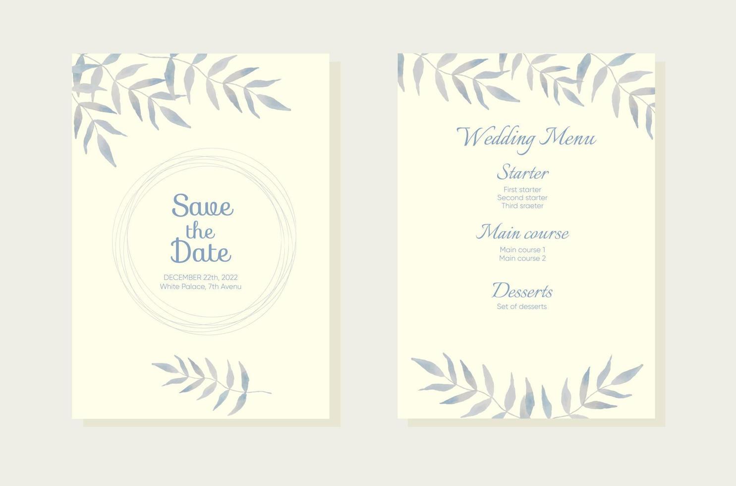 fundo de cartão de convite de casamento com folhas botânicas de aquarela azul claro. design de vetor de fundo de arte abstrata para modelo de capa de casamento e vip.