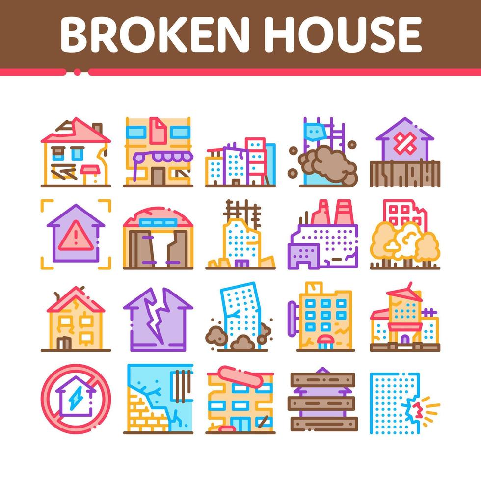 vetor de conjunto de ícones de coleção de construção de casa quebrada
