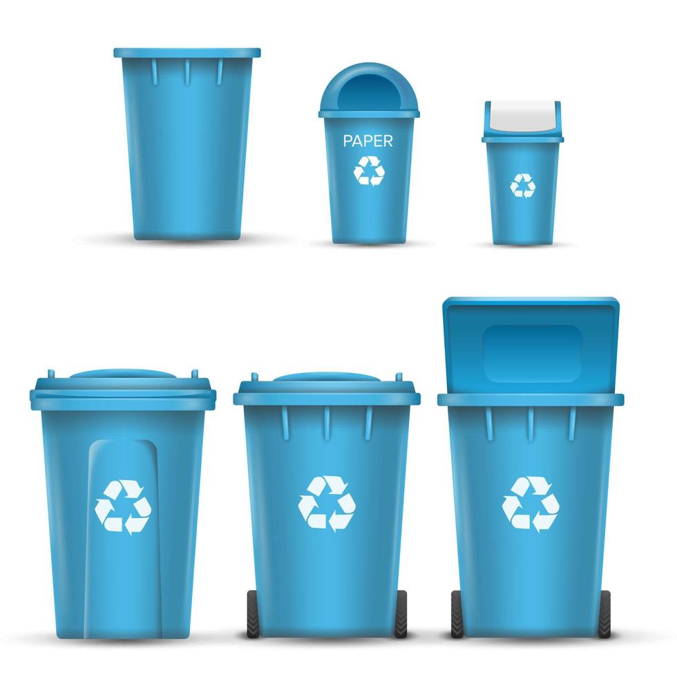 vetor de balde de reciclagem azul para lixo de papel. aberto e fechado. vista frontal. seta de sinal. ilustração isolada