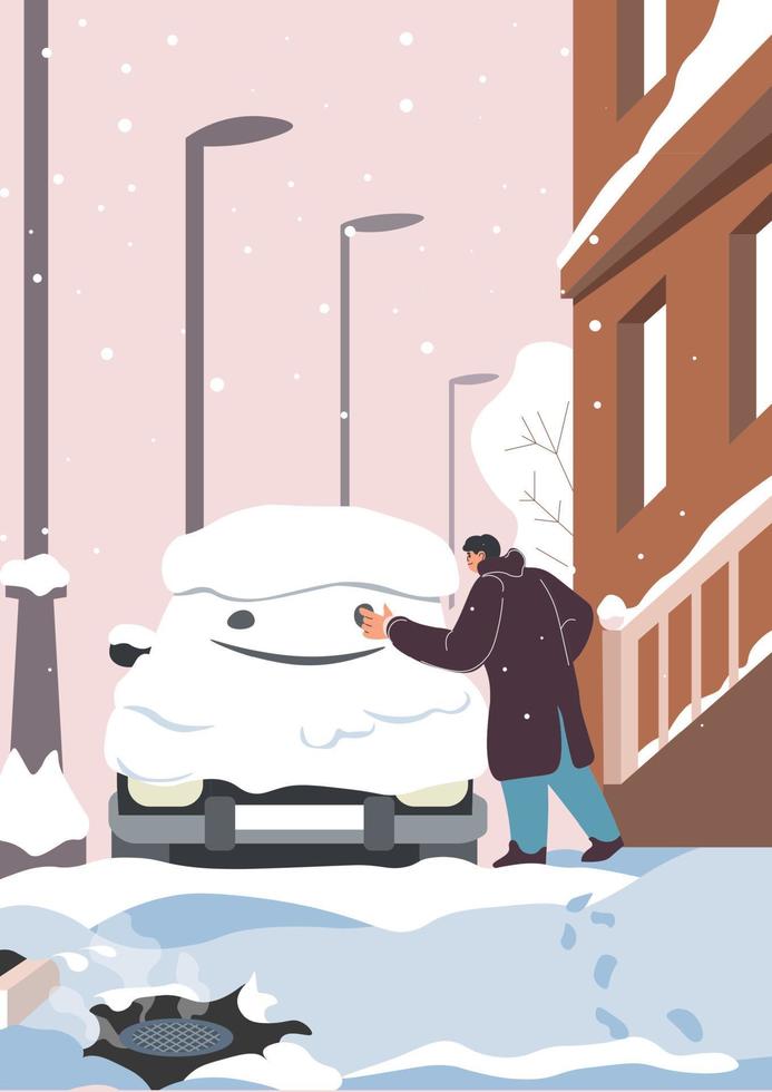 pessoa desenhando sorriso em carro coberto de neve vetor