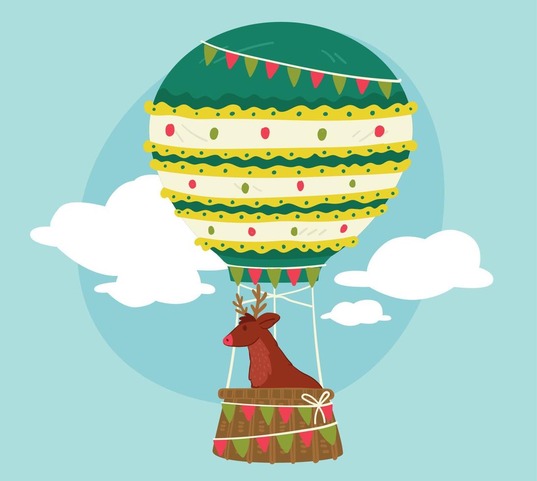 balão de natal com bandeiras, renas na carruagem vetor