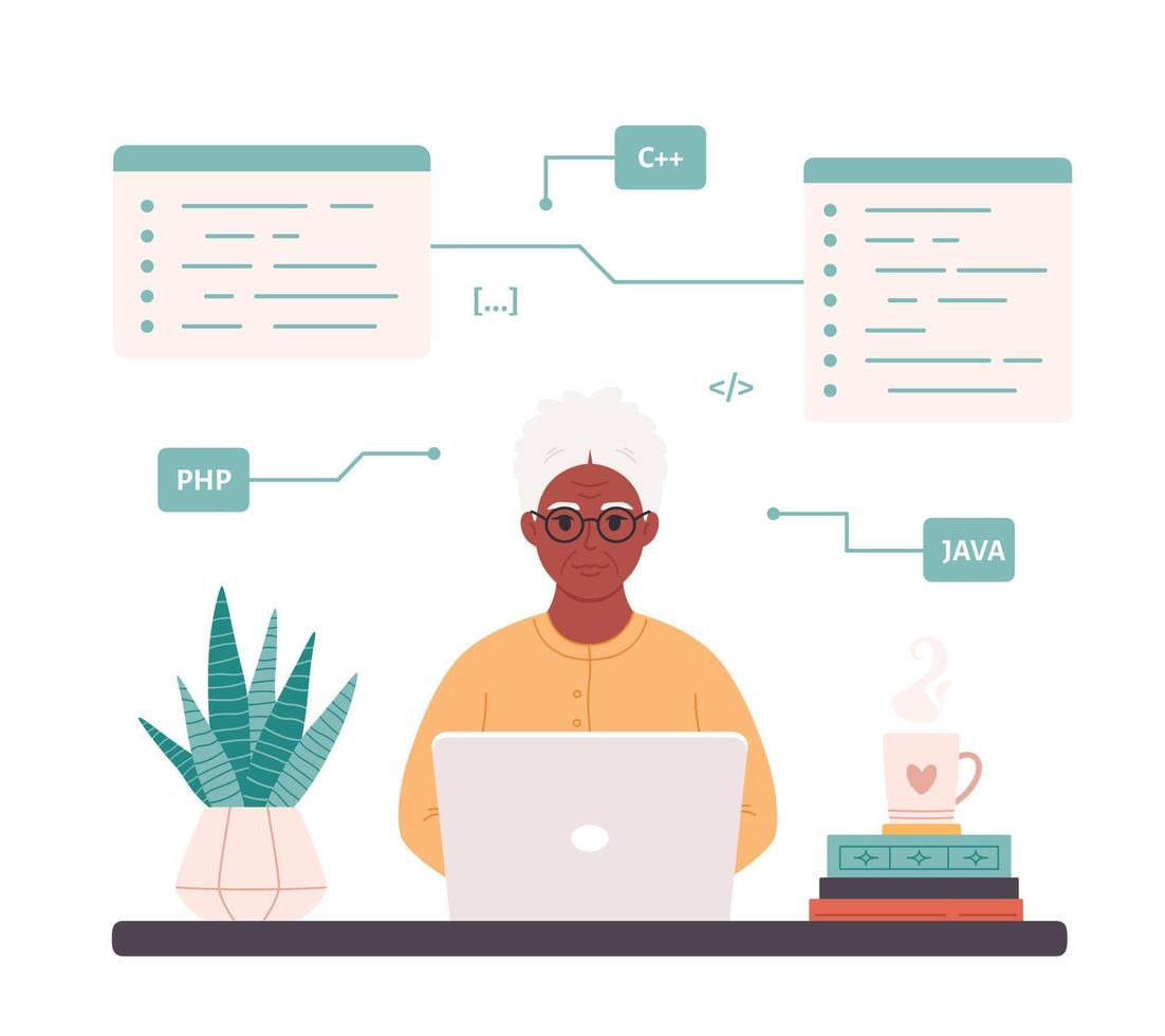 velha negra trabalhando no computador em casa. programação, freelance, trabalho remoto. tecnologias modernas e pessoas idosas vetor