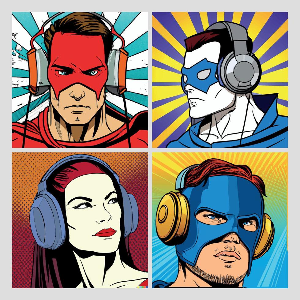 coleção de super-heróis com fones de ouvido vetor