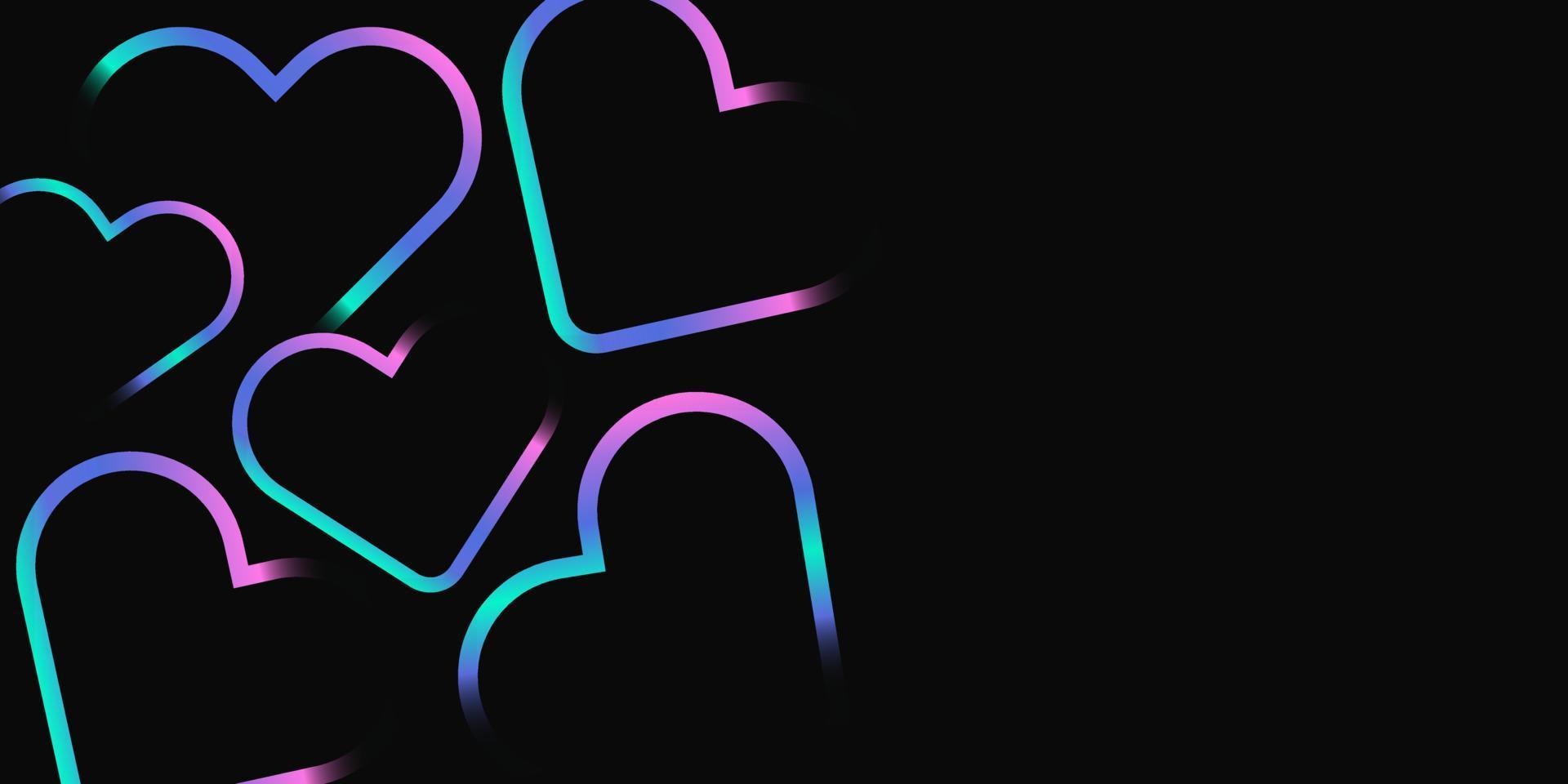 lindo modelo de banner com corações de luzes neon com efeito de brilho e espaço de cópia para texto. feliz dia dos namorados fundo panorâmico em estilo moderno legal. layout de banner da web de saudação de romance vetorial vetor