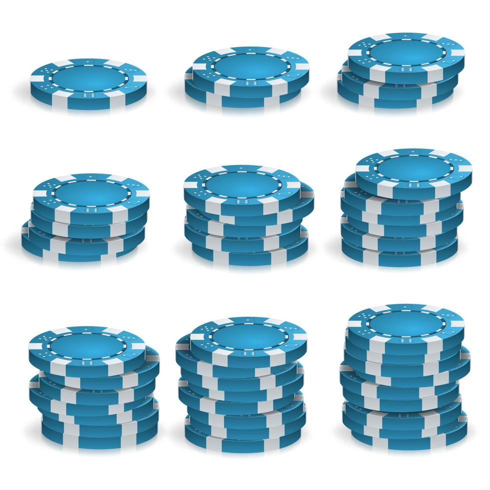 vetor de pilhas de fichas de poker azul. 3d realista. fichas de jogo de pôquer redondas assinam isoladas em branco. ilustração do conceito de grande vitória do cassino.