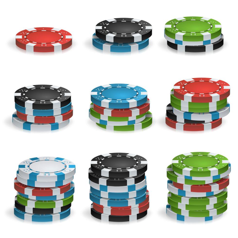 vetor de pilhas de fichas de jogo. 3d realista. fichas de jogo de pôquer isoladas na ilustração de fundo branco.