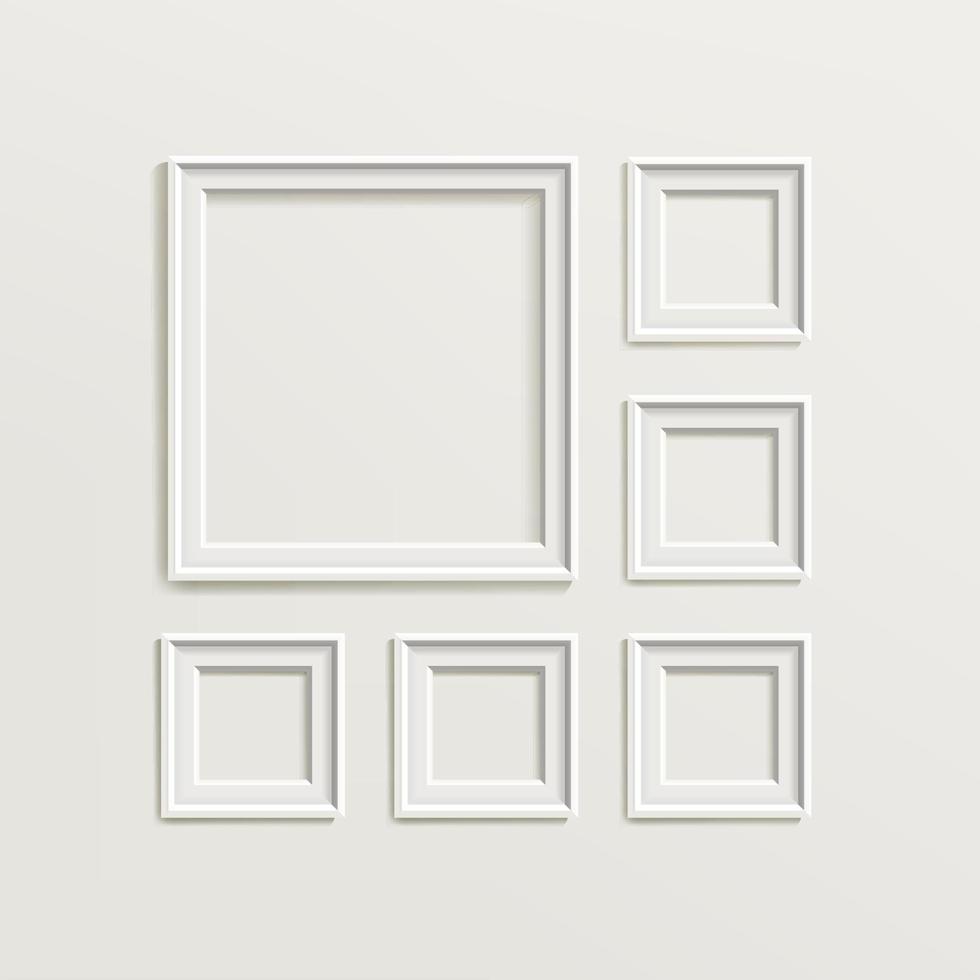conjunto de composição de modelo de moldura de imagem em branco. interior da galeria com molduras de madeira vazias design de vetor interior